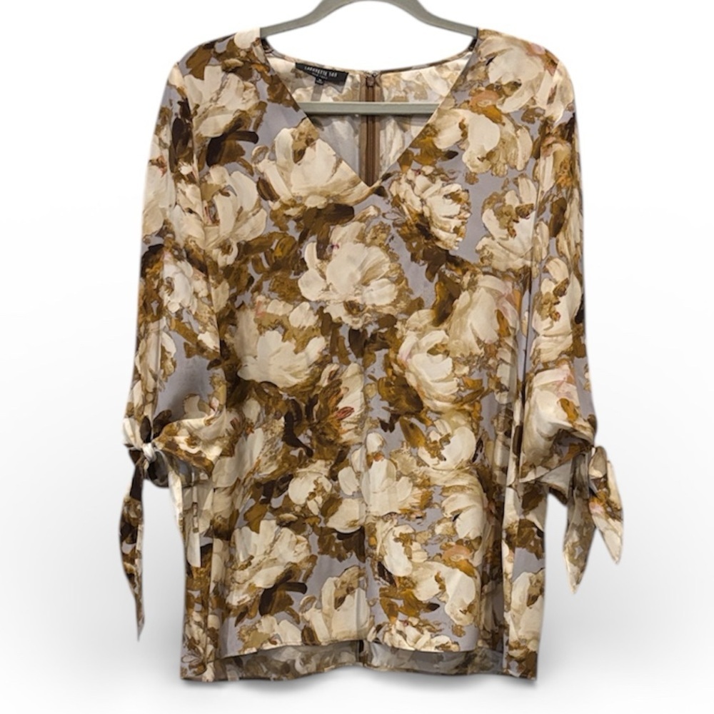 Lafayette 148 New York Floral V-Neck Silk Blouse Cream and Brown Medium
